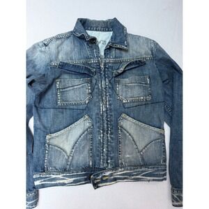 Take Two Mens Distressed Denim Jacket Blue Zip Front Utility Pockets Faded L